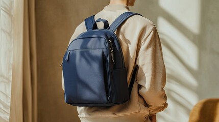 an unrecognizable young asian person, with a blue backpack hanging on his back, indoor photo.