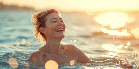 Happy woman enjoys refreshing swim in ocean at sunset, radiating joy and contentment in golden light