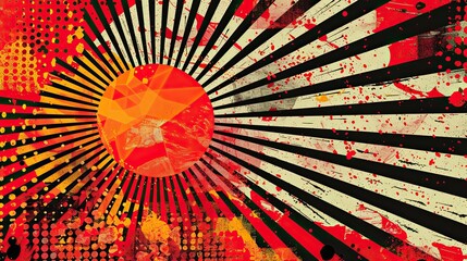 Wall Mural - comic-style red background featuring sunbursts radial patterns and vibrant dots