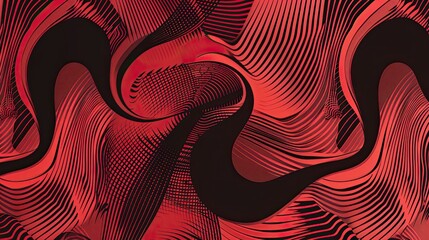 Red-toned wallpaper with bold comic shapes spiral lines and halftone patterns