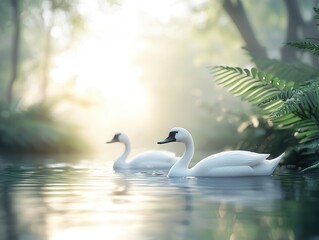 Sticker - Two Swans on a Lake at Sunrise.