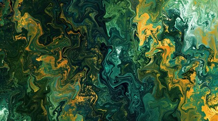 Poster - Forest wallpaper with liquid-like textures and vibrant colors in green and gold hues