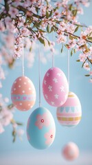 Poster - Easter Eggs Hanging from a Branch of Pink Flowers.