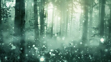 Wall Mural - Misty forest background with scattered light and soft pastel greens and silvers