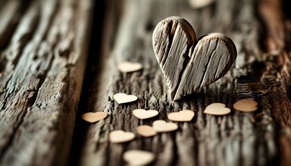 Warm rustic wooden hearts on a weathered surface, evoking love and nostalgia in a charming and heartfelt setting