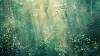 Wall Mural - Forest wallpaper with diffused light and textured foliage in green-blue tones