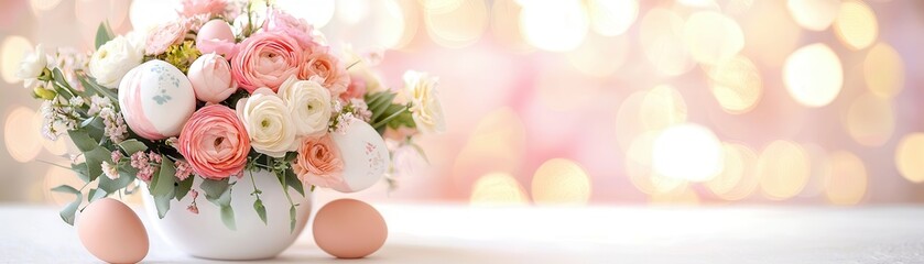 Poster - Pastel Pink Easter Eggs and Ranunculus Bouquet.