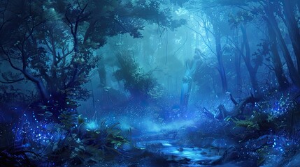 Sticker - Mystical forest backdrop with bioluminescent plants and swirling mists in deep blue