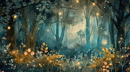 Sticker - Textured forest backdrop with hand-drawn foliage and glowing light accents