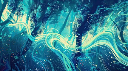 Canvas Print - Glowing light trails and organic shapes evoking movement in a vibrant forest scene