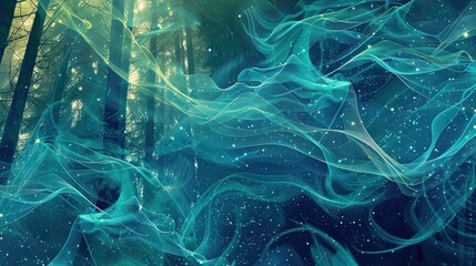 Wall Mural - Flowing organic shapes and luminous light trails creating a vibrant forest scene