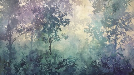 Poster - Watercolor-like textures and soft color gradients creating a peaceful forest wallpaper