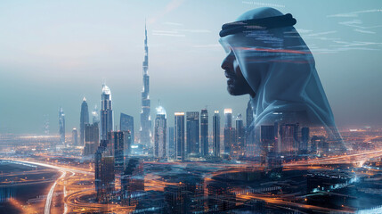 Double exposure image of an Arab man in traditional attire overlaid with a modern cityscape at sunset.