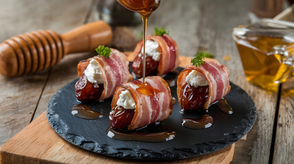 Wall Mural -  A serving of bacon-wrapped dates stuffed with goat cheese, drizzled with honey, and served on a small black slate.