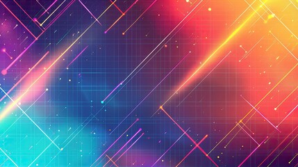 Wall Mural - Neon highlights and geometric grid patterns on a gradient of blue orange and violet hues