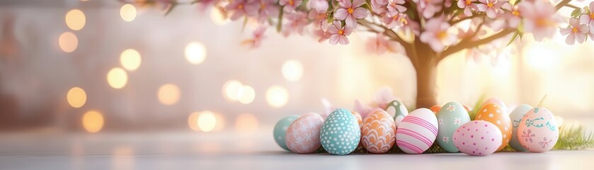 Poster - Easter Eggs with Pink Flowers and Bokeh Lights.