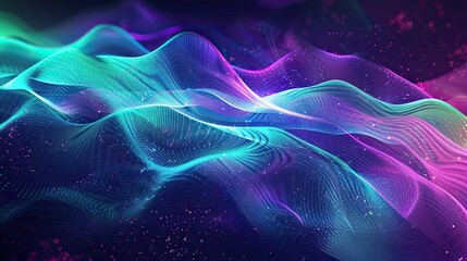 Canvas Print - Retro background with faded neon waveforms and holographic gradients in purple teal green
