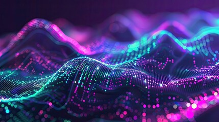 Wall Mural - Faded neon waveforms with holographic gradients in purple teal and green for retro style