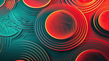 Canvas Print - 80s wallpaper with concentric circle patterns and neon glow effects on a gradient of red teal orange