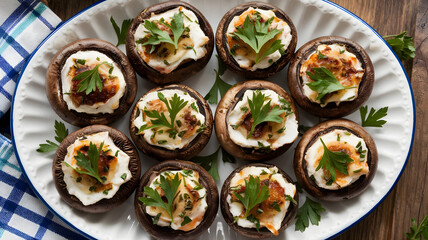 Wall Mural - A serving of stuffed mushrooms with a filling of cream cheese, garlic, and herbs, baked until golden and garnished with fresh parsley, arranged on a white platter.