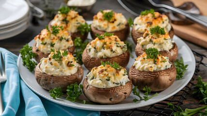 Wall Mural - A serving of stuffed mushrooms with a filling of cream cheese, garlic, and herbs, baked until golden and garnished with fresh parsley, arranged on a white platter.