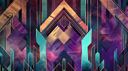 Wall Mural - bold angular patterns in bronze and deep purple highlighted by glowing teal gradients for art deco s