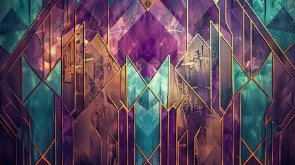 Wall Mural - Glamorous Art Deco backdrop with bronze and purple angular shapes highlighted by teal and turquoise gradients