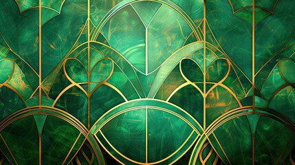 Canvas Print - Elegant Art Deco background with geometric designs in gold and green combined with jade gradients and soft light reflections