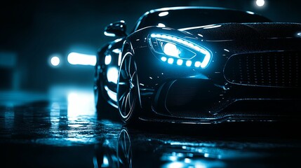 Black Sports Car Headlights Illuminated in Blue at Night