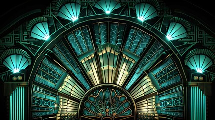 Wall Mural - stylized sunburst designs in silver over a gradient of emerald and sapphire hues