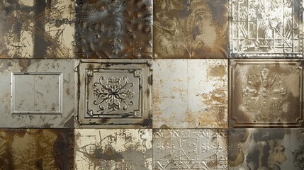 Wall Mural - Rustic wallpaper featuring aged tin ceiling tiles in muted metallic tones