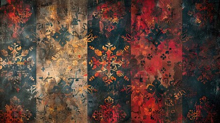 Wall Mural - Deep rich tapestry design with floral and geometric patterns on a distressed vintage background