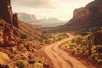 a desert canyon with red rock formations, cacti, and a winding dirt road, golden hour