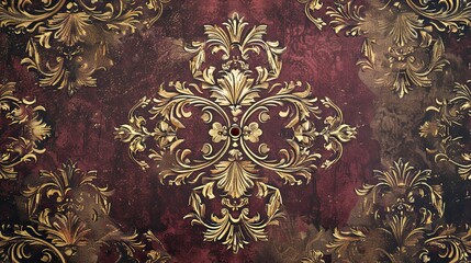 Canvas Print - Victorian vintage background with embossed floral patterns in rich burgundy and gold aged look