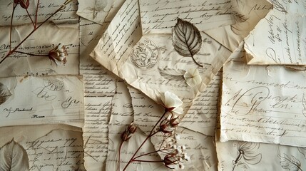 Wall Mural - Old love letters and sepia floral designs on a vintage backdrop creating a romantic vibe