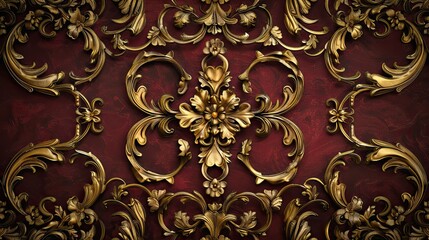 Canvas Print - Baroque-style backdrop with golden scrollwork on burgundy aged for a regal vintage aesthetic