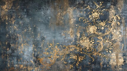 Canvas Print - Royal court mural in rich blues and golds with a distressed texture on a Baroque backdrop