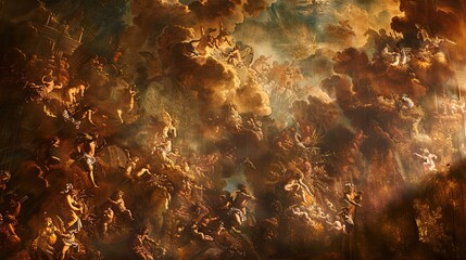 Sticker - Moody Baroque mural with mythological scenes in deep tones and gold highlights dramatic atmosphere