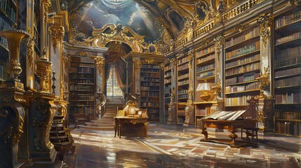 Canvas Print - Baroque mural featuring classical library shelves with gold accents creating a grand and scholarly look