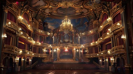 Canvas Print - Baroque opera house mural with balconies and chandeliers in rich warm colors creating a dramatic and opulent atmosphere