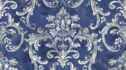 Sticker - Baroque wallpaper with a sapphire blue and silver brocade pattern featuring floral and vine motifs for a regal sophisticated look