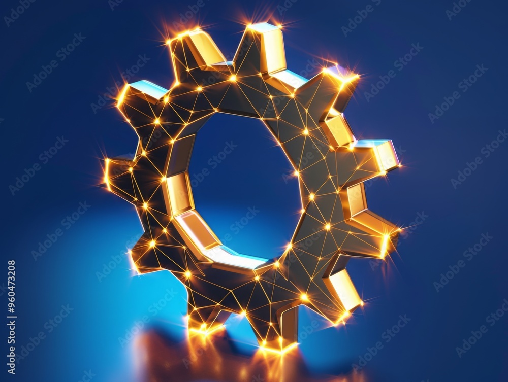 Digital gold 3D gear crank icon in low poly wireframe, smart ai ...
