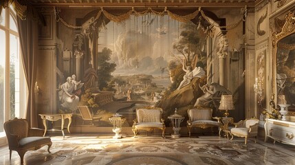 Wall Mural - Mythological scene mural in Baroque style rendered in muted tones with gold accents for a grand classical atmosphere