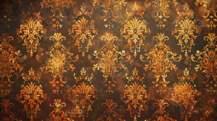 Wall Mural - Ornate burnt orange and gold Baroque damask backdrop with floral and scroll motifs