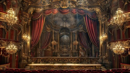 Canvas Print - Grand Baroque opera stage mural with velvet curtains and chandeliers dramatic