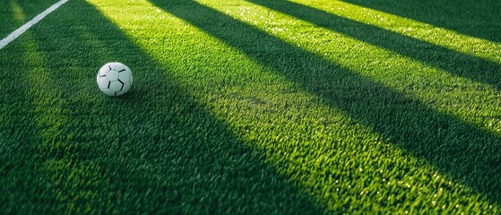 Wall Mural - Vibrant Soccer Scene: Soccer Ball on Edge of Sunlit Football Field with Lush Green Grass and Shadows