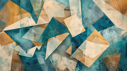 Sticker - cubist background with geometric shapes in teal gold and beige textured and dynamic