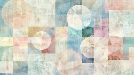 Wall Mural - Worn abstract Cubist wallpaper with pastel squares and circles featuring soft gradients