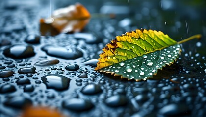 tranquil nature scene of raindrop-dappled leaves and smooth stones on a wet, textured surface