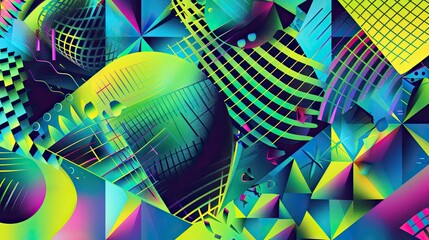 Neon colors like lime green and blue form this vibrant Cubist backdrop with a glossy texture